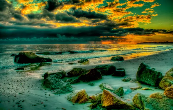 Picture sea, wave, the sky, clouds, stones, shore, the evening, hdr