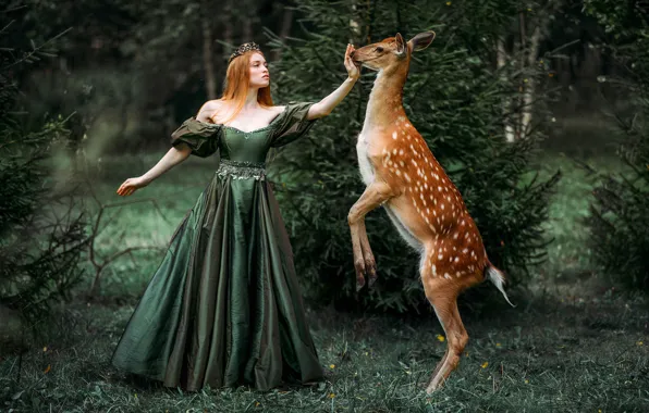 Forest, girl, dress, fantasy, DOE