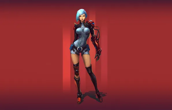Red, background, robot, Girl, cyborg