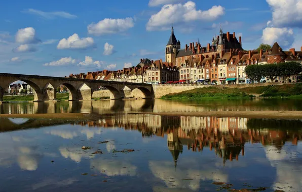 Picture bridge, reflection, river, castle, France, building, home, France