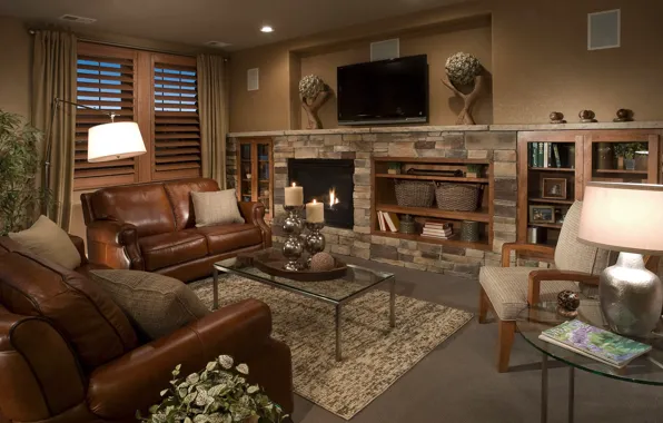 Picture sofa, lamp, chair, TV, fireplace, table, living room