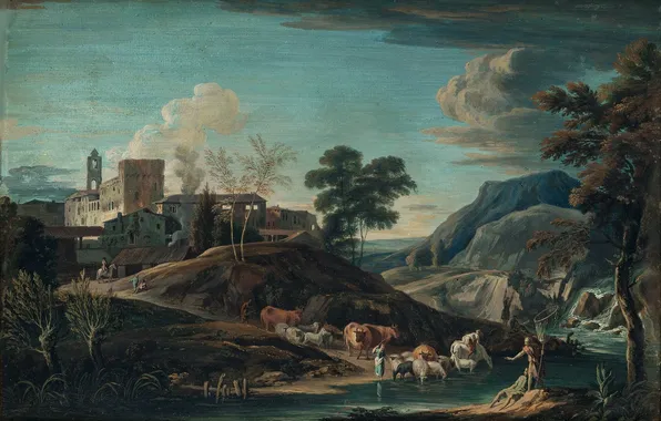 Home, Trees, People, Picture, River, Cattle, Italian artist, Marco Ricci