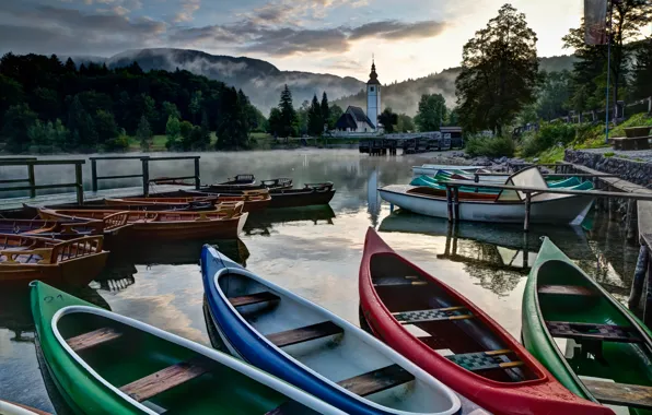 Landscape, nature, lake, boats, Church, Slovenia, Bohinj, Bohinj