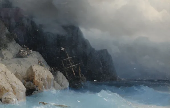 Picture, seascape, Ivan Aivazovsky, After surviving a Shipwreck on a Rocky Promontory