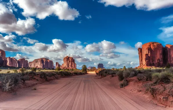 Clouds, Rock, Road, USA, Monument Valley, Parks