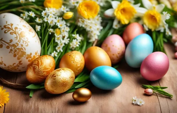 Picture flowers, eggs, spring, colorful, Easter, happy, flowers, spring