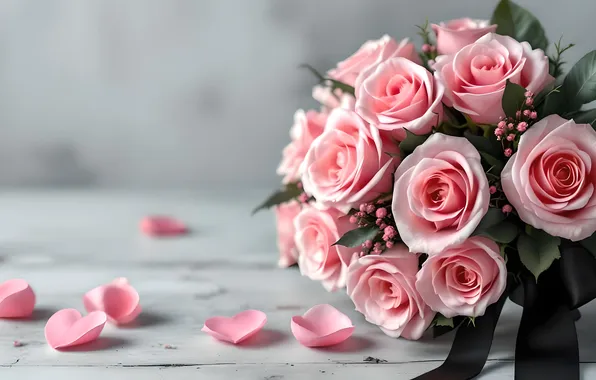 Love, flowers, roses, bouquet, petals, hearts, pink, Valentine's Day