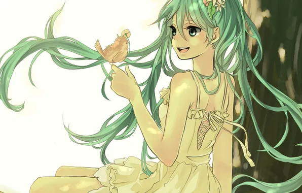 Girl, trees, joy, art, bird, flowers, vocaloid, hatsune miku