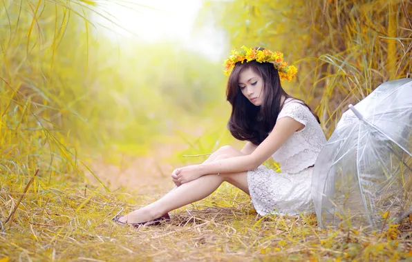 Girl, nature, umbrella