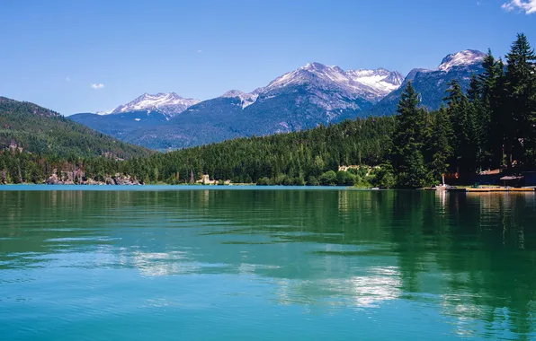 Forest, mountains, lake, shore, Canada, Lake Whistler