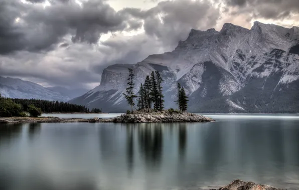 Picture forest, mountains, lake, Banff National Park, Alberta, Canada, Lake Minnewanka