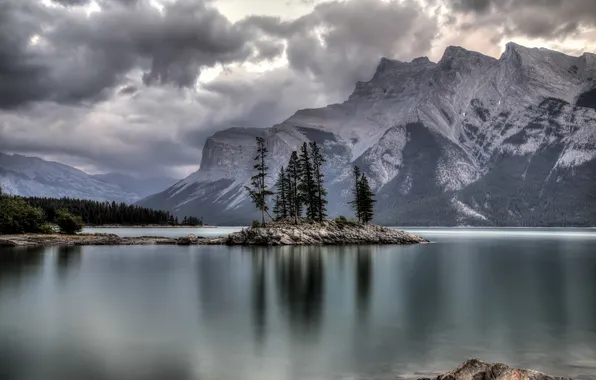 Forest, mountains, lake, Banff National Park, Alberta, Canada, Lake Minnewanka