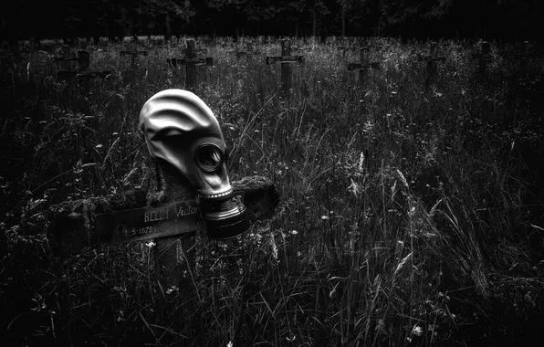Grass, the darkness, crosses, cemetery, gas mask