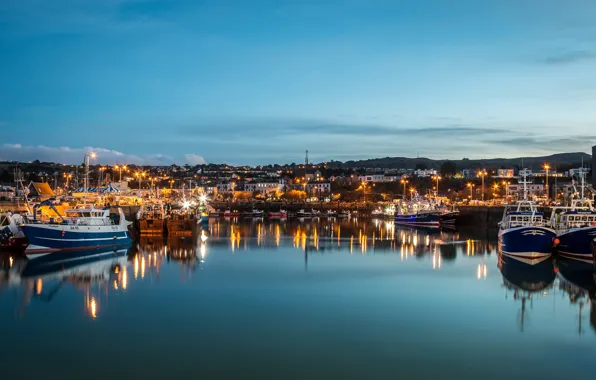 Picture sea, lights, home, the evening, boat, Bay, Ireland, harbour