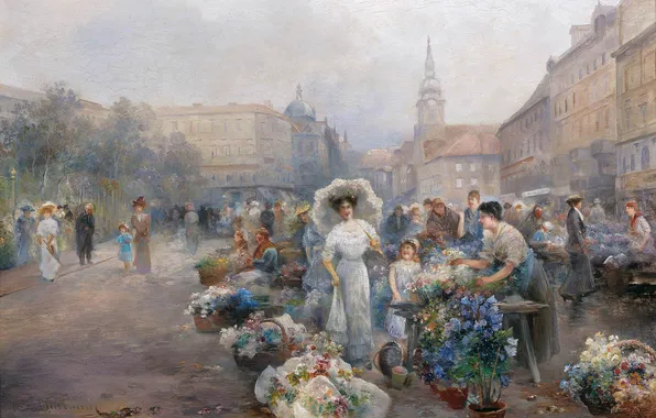 Flowers, people, home, picture, Austrian artist, Emil Barbarini, Emile Barbarini, Vienna Flower Market