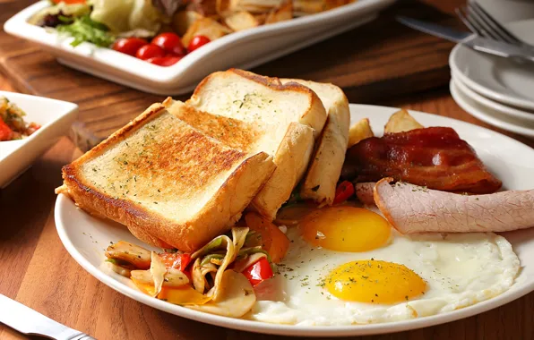Picture eggs, bread, meat, scrambled eggs, vegetables, toast
