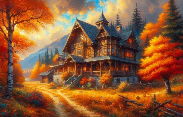 Autumn, forest, house, bright colors, Terem, AI art, neural network, a cozy little world