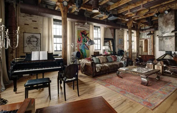 Picture design, style, interior, piano, living room, Midlife Crisis Loft