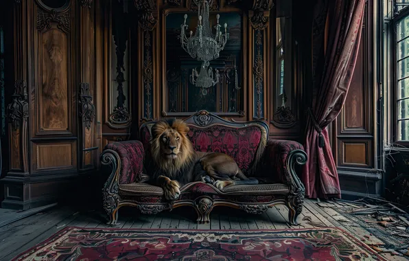 Picture sofa, Leo, the king of beasts, wild cat, neural network