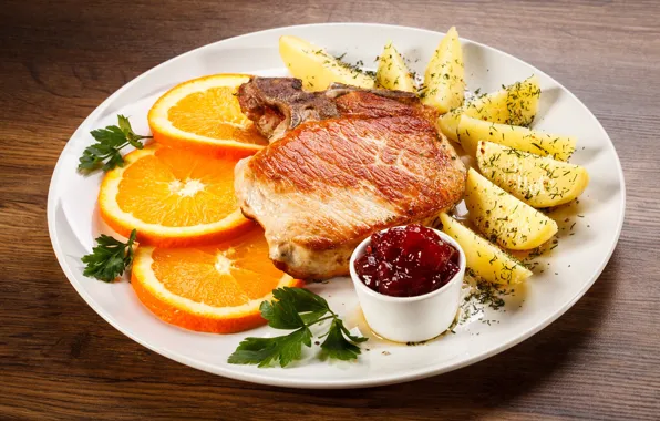Picture orange, plate, meat, potatoes