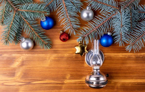 Balls, snowflakes, branches, Board, star, Christmas, kerosene stove, New year