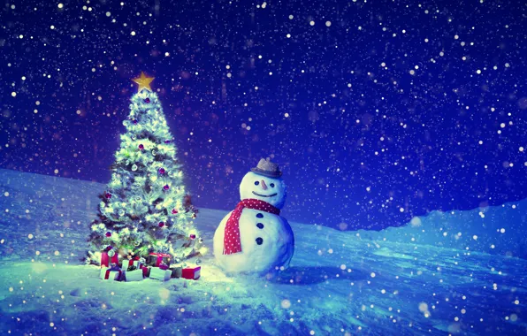 Winter, snow, night, box, graphics, star, scarf, Christmas