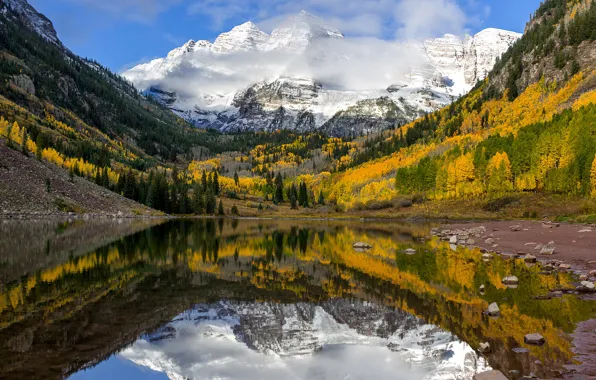 Picture autumn, mountains, reflection, shore, pond