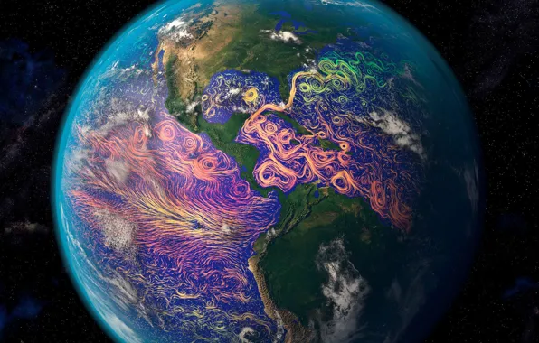 Picture planet, mainland, South America, North America, satellite graphics, ocean currents