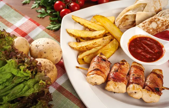 Meat, vegetables, ketchup, potatoes, pita, snacks