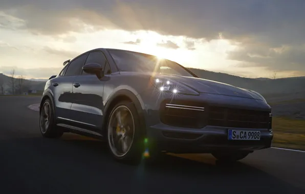 Picture road, clouds, Porsche, SUV, the rays of the sun, exterior, 2022, Porsche Cayenne Turbo GT