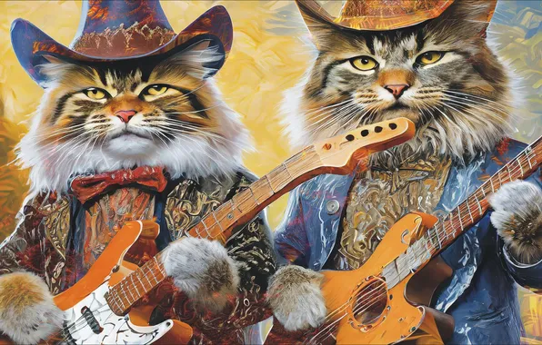 Cats, picture, drawings, Duo, guitarists, art painting