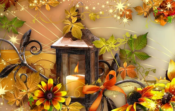 Picture autumn, flowers, mood, collage, candle, lantern