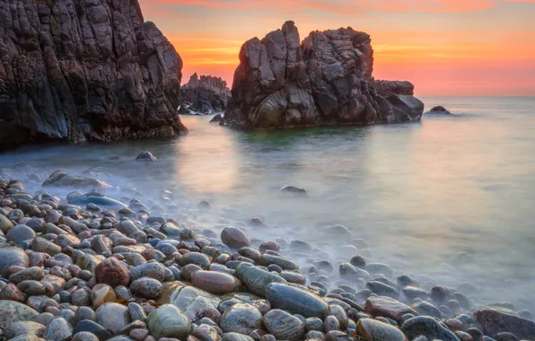 Stones, the ocean, rocks, dawn, shore