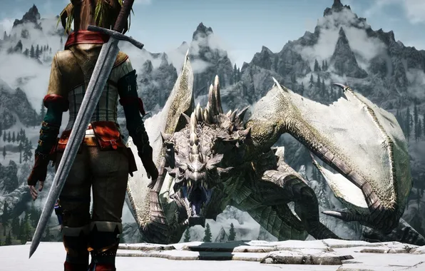 Cold, girl, mountains, weapons, dragon, back, sword, warrior