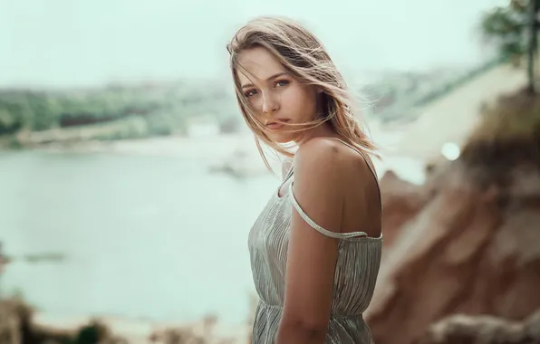 Look, girl, the sun, landscape, river, model, portrait, makeup