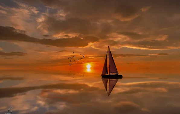 Picture sea, landscape, sunset, reflection, sailboat, Fabio Galeone