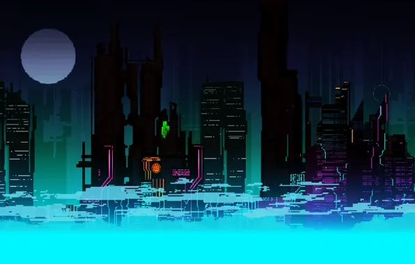 The city, Future, The moon, Skyscrapers, Pixels, 8Bit, 8bit