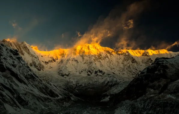 Mountains, Annapurna, Sunset