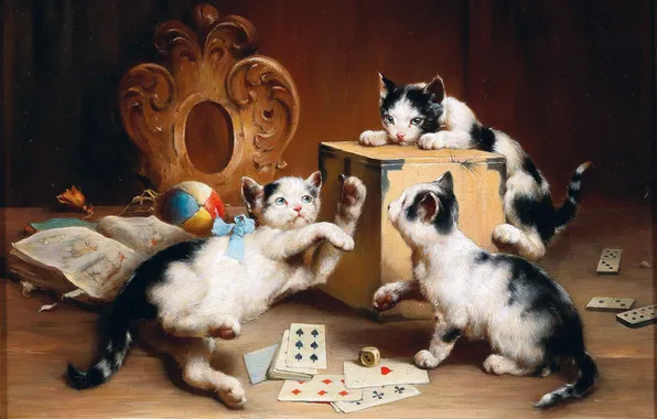 Card, Cats, Kittens, Picture, Three, Carl Reichert, Carl Reichert, Austrian artist