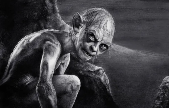 Figure, fantasy, art, black and white, Gollum, The Hobbit: An Unexpected Journey, The hobbit: an …