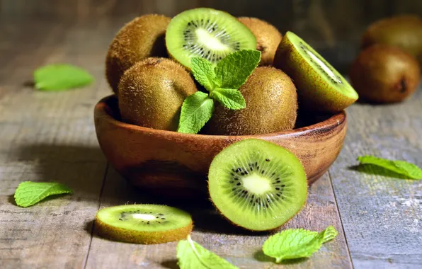 Kiwi, plate, fruit, mint