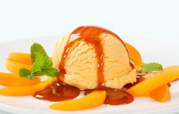 Ice cream, fruit, apricot, mint, syrup