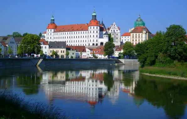 The sky, trees, river, castle, tower, home, Germany, promenade