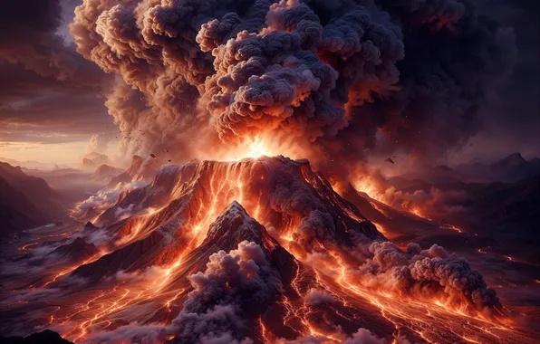 Landscape, mountains, nature, fire, element, smoke, the volcano, couples