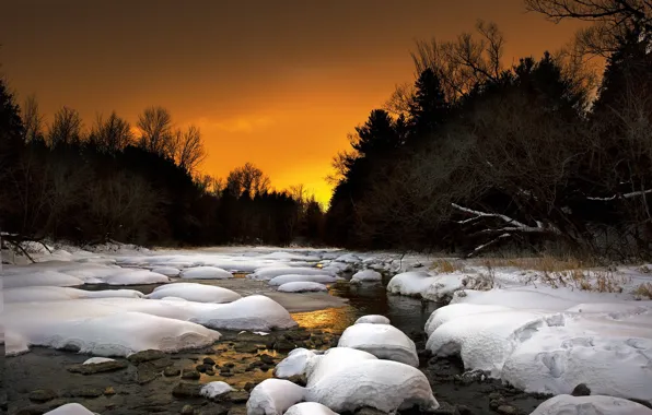 Forest, snow, sunset, river, stream, the evening