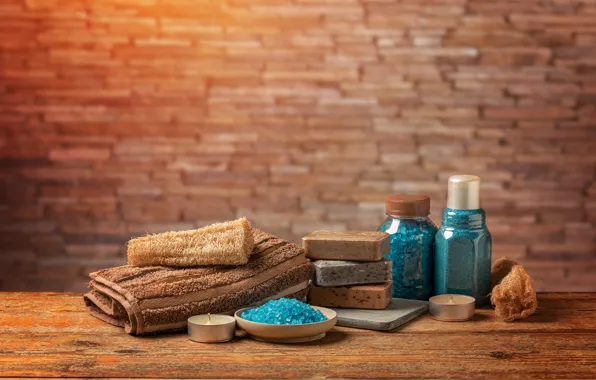 Towel, candles, soap, jars, bowl, blue, Spa, brick wall