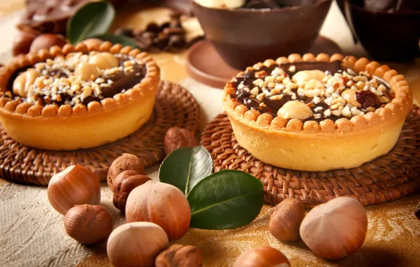 Chocolate, sweets, nuts, dessert, cakes, forest, tartlets