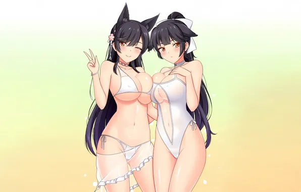 Sexy, cleavage, long hair, girls, boobs, animal ears, anime, beautiful