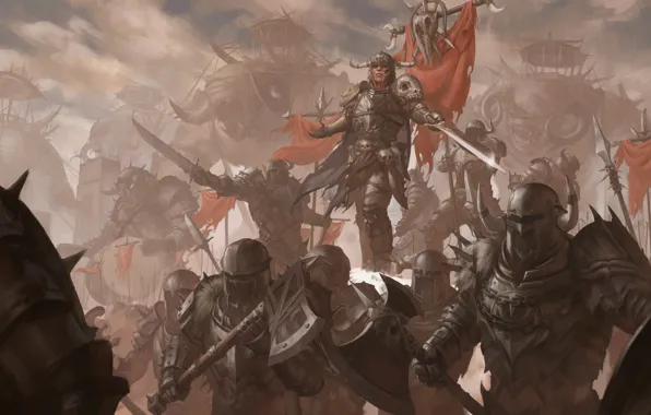 Swords, warriors, shields, axes, axes, War, monster