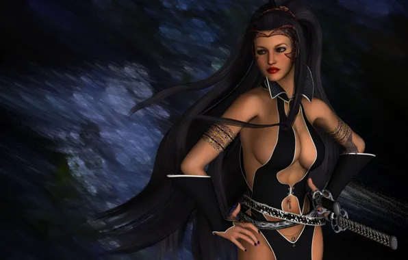 Picture warrior, big Breasts, in black, samurai sword, beautiful woman, long black hair, warrior princess, brave